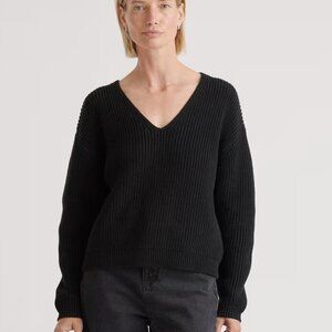 Quince black 100% Organic Cotton Fisherman V-Neck Sweater